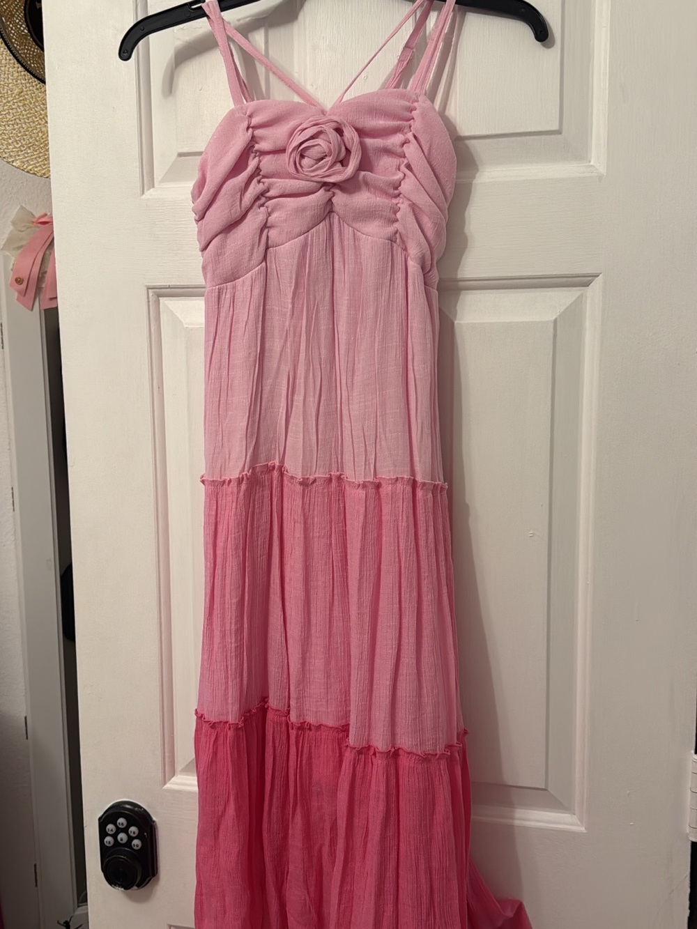 Girls Pink Ombre Tiered Maxi Dress with Rosette Detail